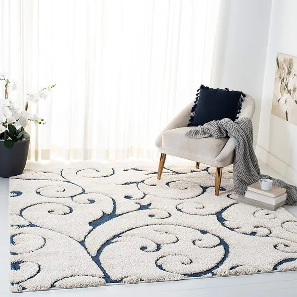 Microfiber_Polyester_Shaggy_Floral_Shaggy_Rug_Ivory_And_Blue