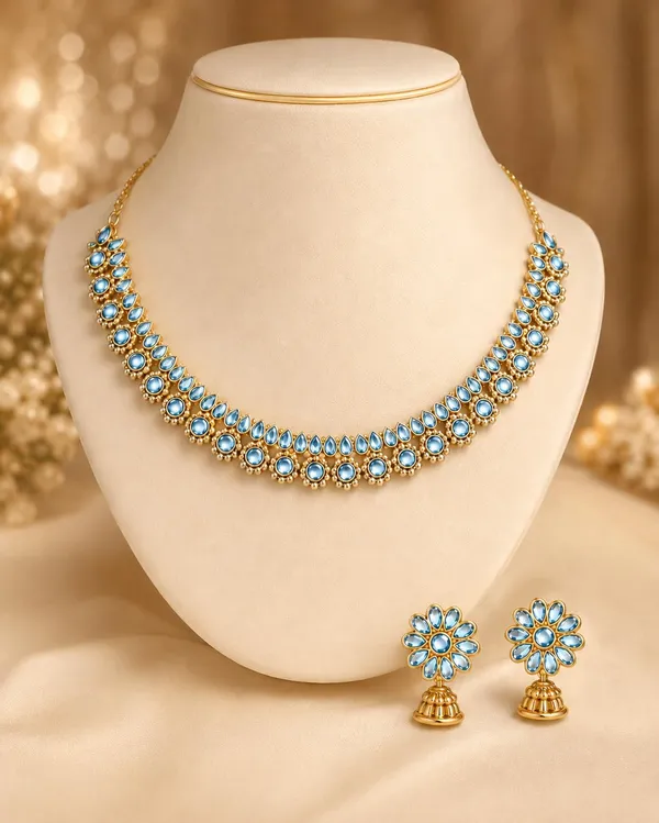 Blue_Gold_Artificial_Stone_Floral_Choker_Necklace_Set_With_Jhumka_Earrings_For_Women