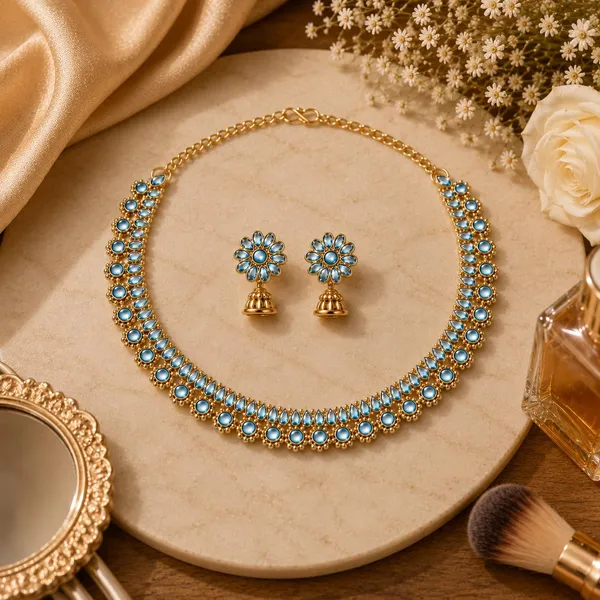 Blue_Gold_Artificial_Stone_Floral_Choker_Necklace_Set_With_Jhumka_Earrings_For_Women