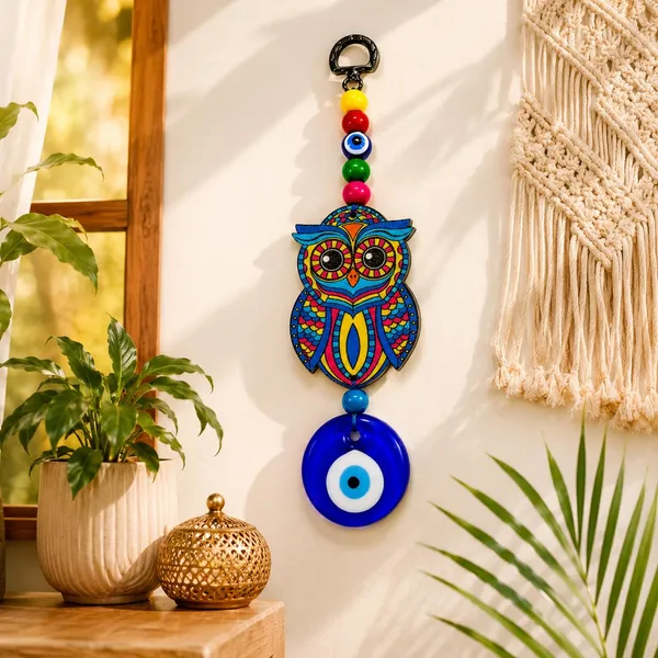 Wood_Glass_Boho_Multicolor_Handcrafted_Owl_Evil_Eye_Wall_Hanging