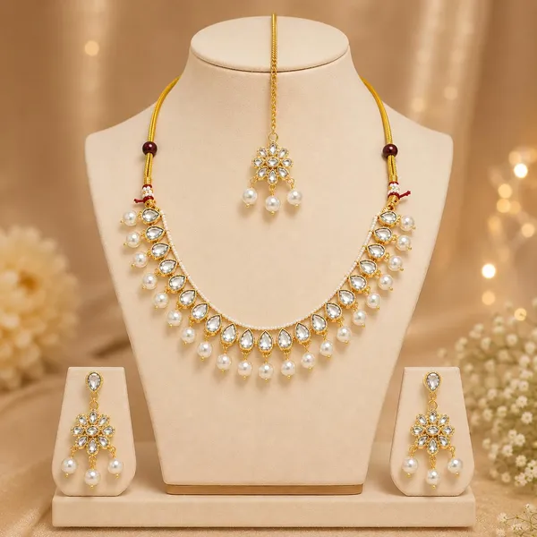 White_Gold_Kundan_Pearl_Choker_Necklace_Set_With_Earrings_Maang_Tikka_For_Women