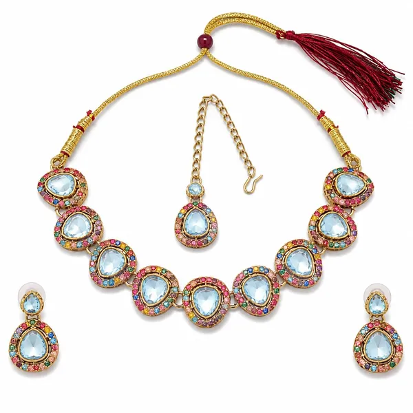 Multicolor_Kundan_Crystal_Choker_Necklace_Set_With_Earrings_Maang_Tikka_For_Women