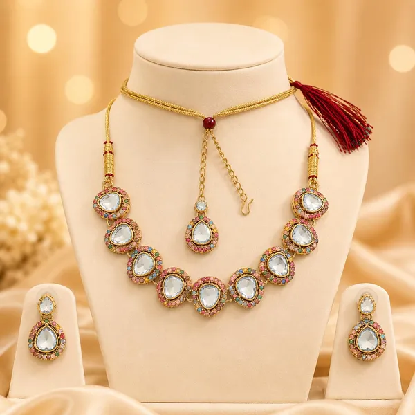 Multicolor_Kundan_Crystal_Choker_Necklace_Set_With_Earrings_Maang_Tikka_For_Women