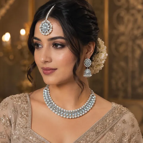 Silver_Kundan_Pearl_Choker_Necklace_Set_With_Earrings_Maang_Tikka_For_Women