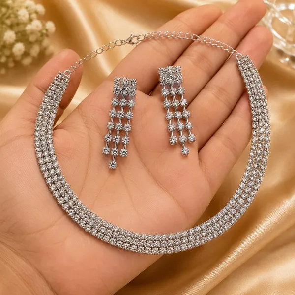Silver_Crystal_Rhinestone_Choker_Necklace_Set_With_Dangle_Earrings_For_Women