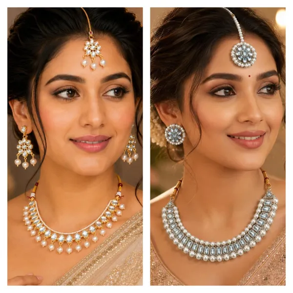 White_And_Gold_Kundan_Pearl_Choker_Necklace_Set_Duo