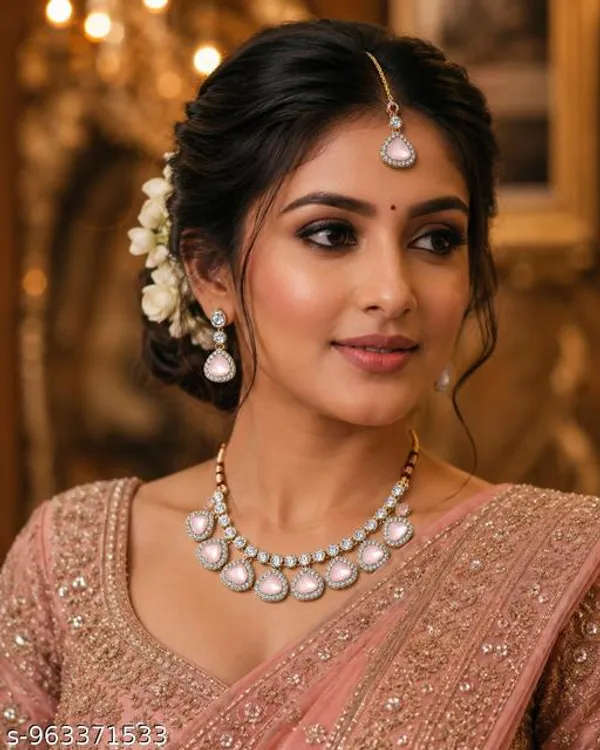 Pink_Gold_Artificial_Stone_Teardrop_Necklace_Set_With_Earrings_Maang_Tikka_For_Women