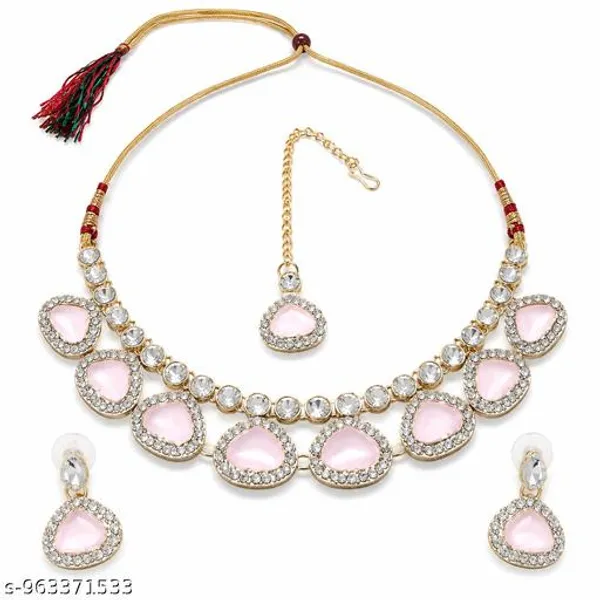Pink_Gold_Artificial_Stone_Teardrop_Necklace_Set_With_Earrings_Maang_Tikka_For_Women