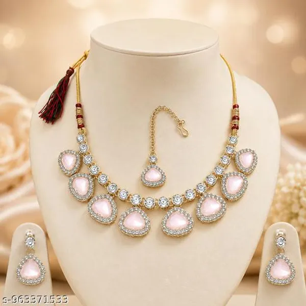 Pink_Gold_Artificial_Stone_Teardrop_Necklace_Set_With_Earrings_Maang_Tikka_For_Women