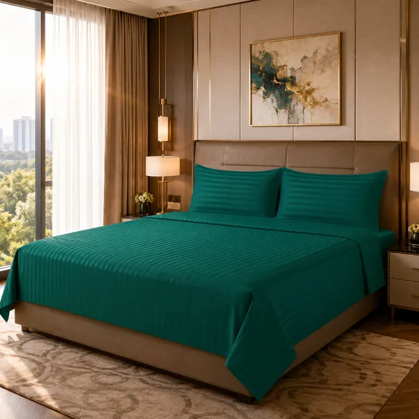 Emerald_Green_Cotton_Stripe_Bedsheet_With_Pillow_Cover_For_Bedroom