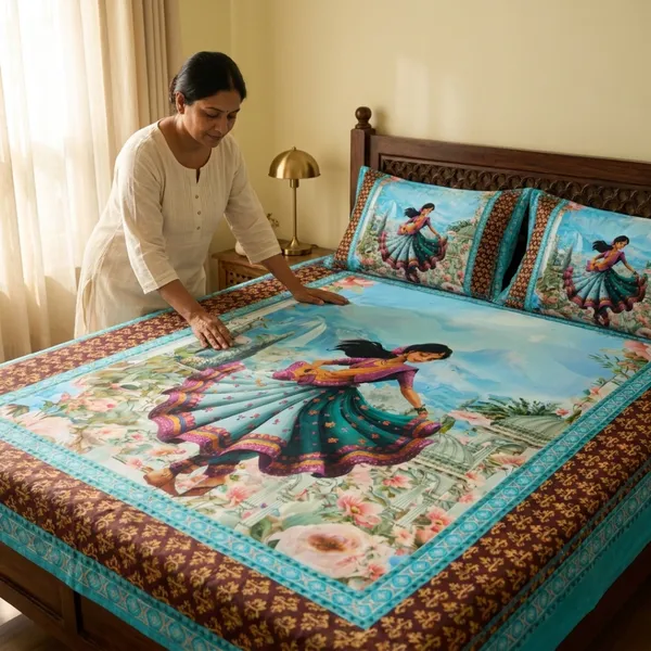 Turquoise_Glace_Cotton_Dancing_Girl_Print_Bedsheet_With_Pillow_Cover_For_Bedroom
