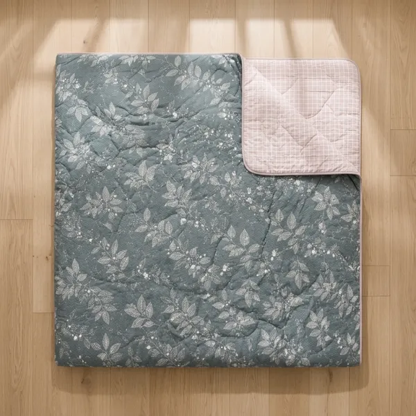 Grey_&_Pink_Microfiber_Floral_And_Fern_Botanical_Checkered_Quilt_For_Bedroom
