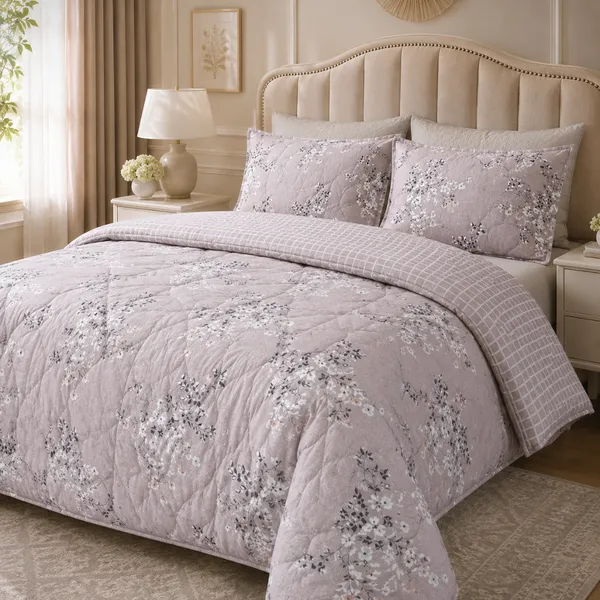 Lavender_Microfiber_Floral_Print_With_Reversible_Checkered_Quilt_For_Bedroom