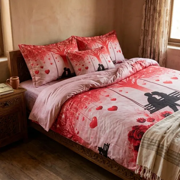 Multicolor_Glace_Cotton_Romantic_Couple_Print_With_Heart-Shaped_Leaves_And_Floral_Elements_Bedsheet_With_Pillow_Cover_For_Bedroom