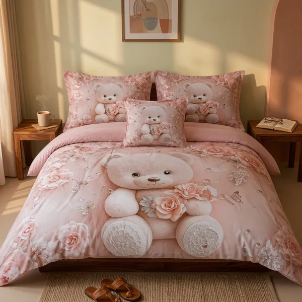 Pink_Glace_Cotton_Floral_Teddy_Bear_Print_Bedsheet_With_Pillow_Cover_For_Bedroom