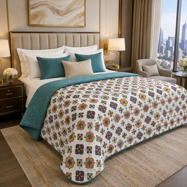 Teal_Microfiber_Moroccan_Tile_Print_Quilt_For_Bedroom