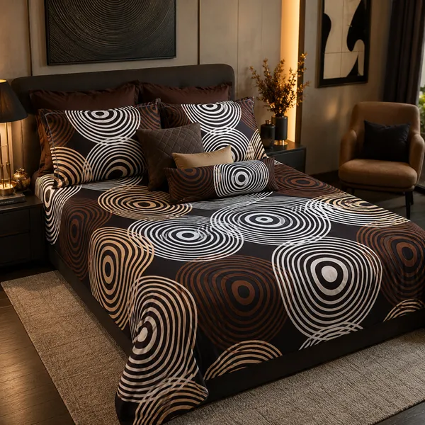 Brown_Glace_Cotton_Geometric_Concentric_Circle_Bedsheet_With_Pillow_Cover_For_Bedroom