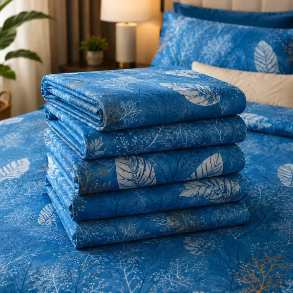 Blue_Cotton_&_Polyester_Leaf_Print_Bedsheet_With_Pillow_Cover_For_Bedroom