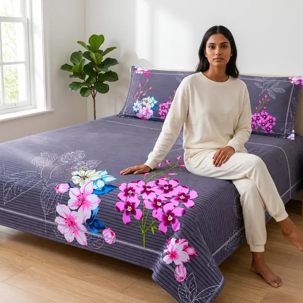 Grey_Cotton_&_Polyester_Floral_Print_Bedsheet_With_Pillow_Cover_For_Bedroom