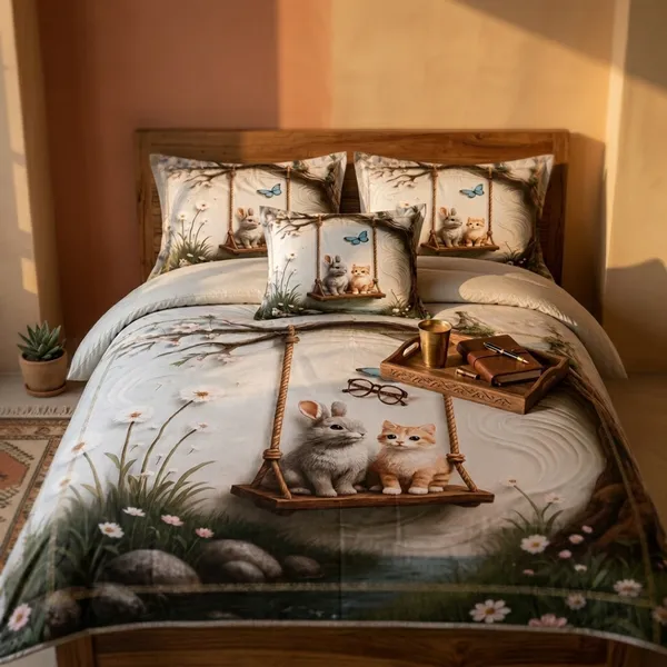 Pink_Glace_Cotton_Whimsical_Bunny_And_Nature_Print_With_Butterflies_Grass_And_Floral_Details_Bedsheet_With_Pillow_Cover_For_Bedroom