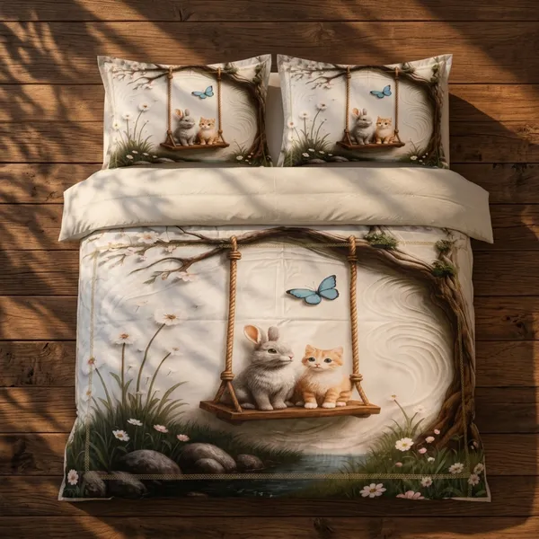 Pink_Glace_Cotton_Whimsical_Bunny_And_Nature_Print_With_Butterflies_Grass_And_Floral_Details_Bedsheet_With_Pillow_Cover_For_Bedroom