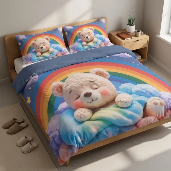 Multicolor_Glace_Cotton_Bear_Print_With_Rainbow_And_Cloud_Motifs_Bedsheet_With_Pillow_Cover_For_Bedroom