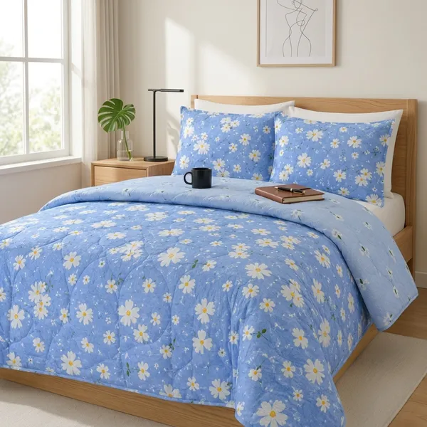 Blue_Microfiber_Floral_Daisy_Print_Quilt_For_Bedroom