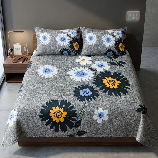 Grey_Cotton_&_Polyester_Floral_Print_Bedsheet_With_Pillow_Cover_For_Bedroom