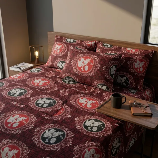 Maroon_Cotton_&_Polyester_Floral_Medallion_Print_Bedsheet_With_Pillow_Cover_For_Bedroom