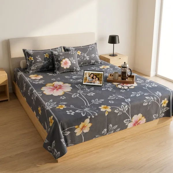 Grey_Cotton_&_Polyester_Floral_Print_Bedsheet_With_Pillow_Cover_For_Bedroom