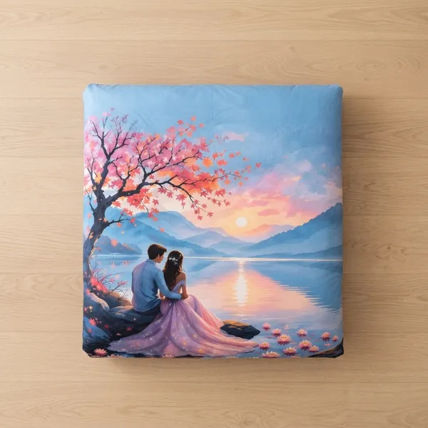 Multicolor_Glace_Cotton_Romantic_Couple_Sunset_With_Cherry_Blossom_Print_Bedsheet_With_Pillow_Cover_For_Bedroom