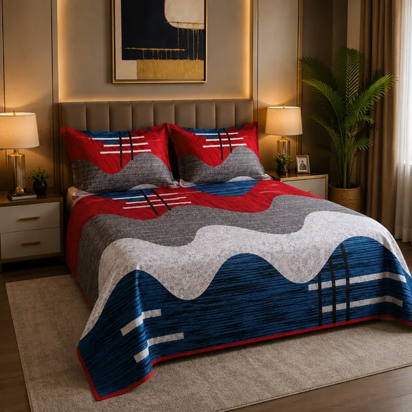 Multicolor_Cotton_&_Polyester_Abstract_Wave_With_Geometric_Stripes_Bedsheet_With_Pillow_Cover_For_Bedroom
