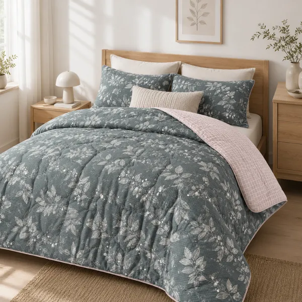 Grey_&_Pink_Microfiber_Floral_And_Fern_Botanical_Checkered_Quilt_For_Bedroom