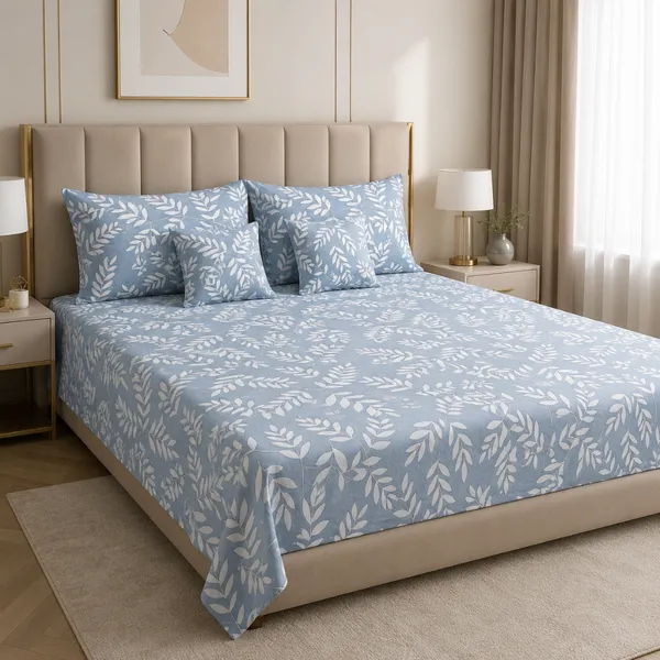 Blue_Premium_Cotton_Botanical_Leaf_Print_Bedsheet_With_Pillow_Cover_For_Bedroom