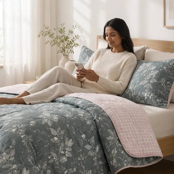 Grey_&_Pink_Microfiber_Floral_And_Fern_Botanical_Checkered_Quilt_For_Bedroom