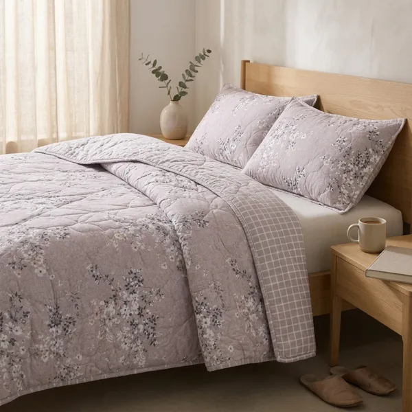 Lavender_Microfiber_Floral_Print_With_Reversible_Checkered_Quilt_For_Bedroom