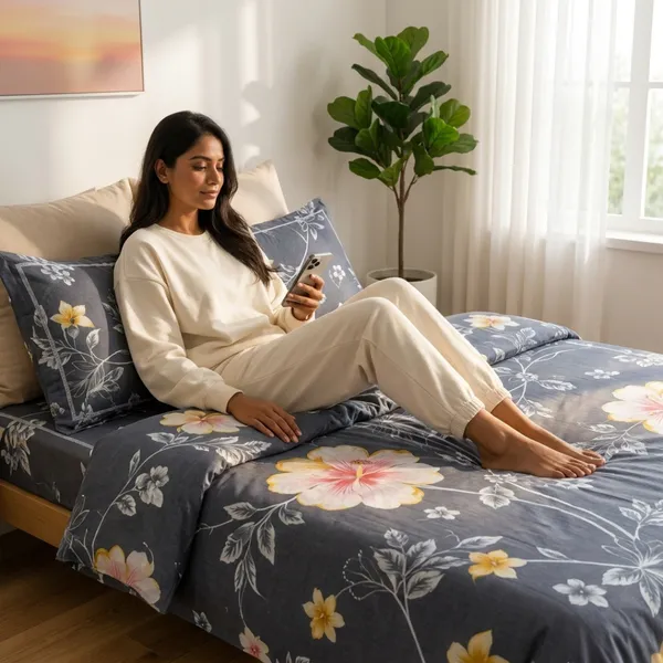 Grey_Cotton_&_Polyester_Floral_Print_Bedsheet_With_Pillow_Cover_For_Bedroom