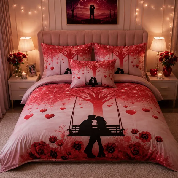 Multicolor_Glace_Cotton_Romantic_Couple_Print_With_Heart-Shaped_Leaves_And_Floral_Elements_Bedsheet_With_Pillow_Cover_For_Bedroom