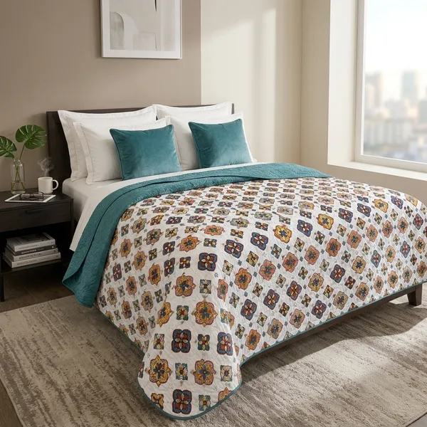 Teal_Microfiber_Moroccan_Tile_Print_Quilt_For_Bedroom