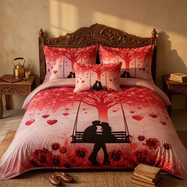 Multicolor_Glace_Cotton_Romantic_Couple_Print_With_Heart-Shaped_Leaves_And_Floral_Elements_Bedsheet_With_Pillow_Cover_For_Bedroom
