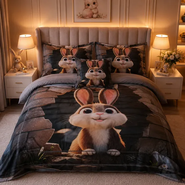 Grey_Glace_Cotton_Cartoon_Rabbit_Character_Print_Bedsheet_With_Pillow_Cover_For_Bedroom