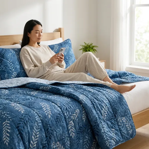 Blue_Microfiber_Botanical_Leaf_Print_Quilt_For_Bedroom