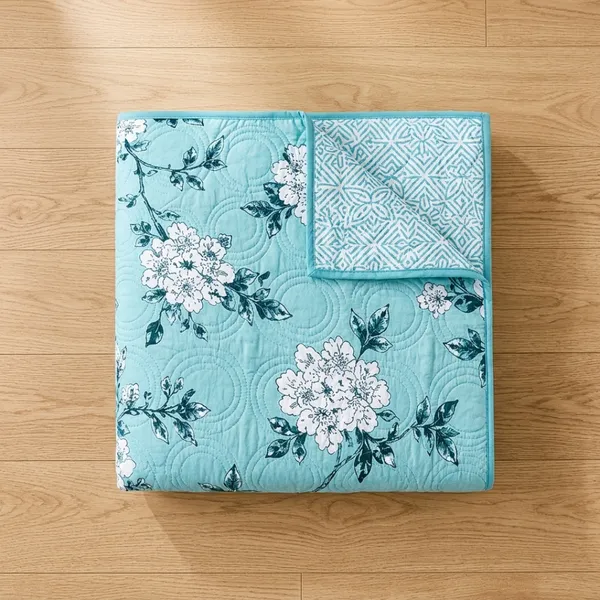 Aqua_Blue_Microfiber_Floral_Print_With_Geometric_Reverse_Quilt_For_Bedroom
