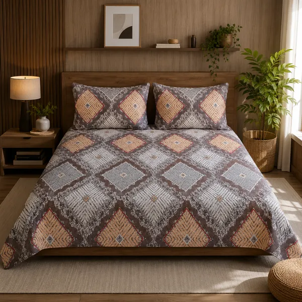 Multicolor_Cotton_&_Polyester_Geometric_Diamond_Bedsheet_With_Pillow_Cover_For_Bedroom
