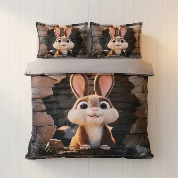 Grey_Glace_Cotton_Cartoon_Rabbit_Character_Print_Bedsheet_With_Pillow_Cover_For_Bedroom
