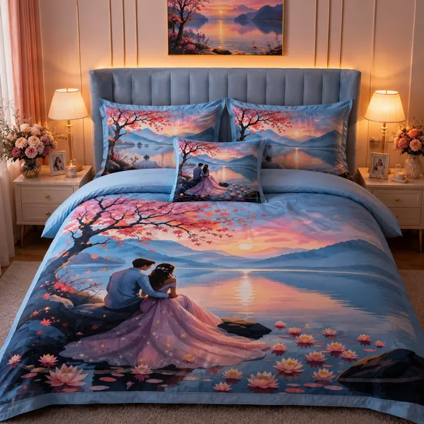 Multicolor_Glace_Cotton_Romantic_Couple_Sunset_With_Cherry_Blossom_Print_Bedsheet_With_Pillow_Cover_For_Bedroom