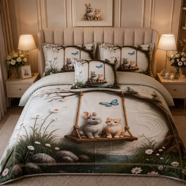 Pink_Glace_Cotton_Whimsical_Bunny_And_Nature_Print_With_Butterflies_Grass_And_Floral_Details_Bedsheet_With_Pillow_Cover_For_Bedroom