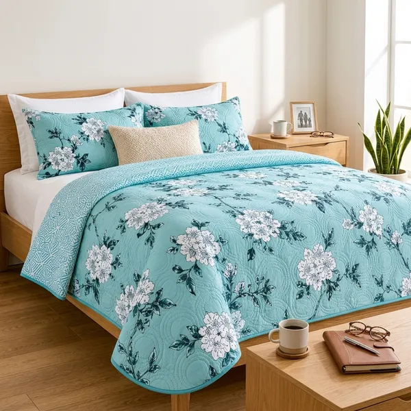 Aqua_Blue_Microfiber_Floral_Print_With_Geometric_Reverse_Quilt_For_Bedroom