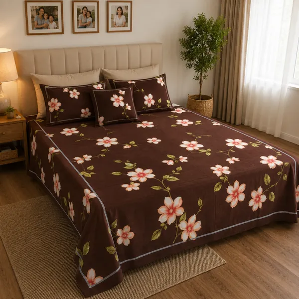 Brown_Cotton_&_Polyester_Floral_Print_Bedsheet_With_Pillow_Cover_For_Bedroom