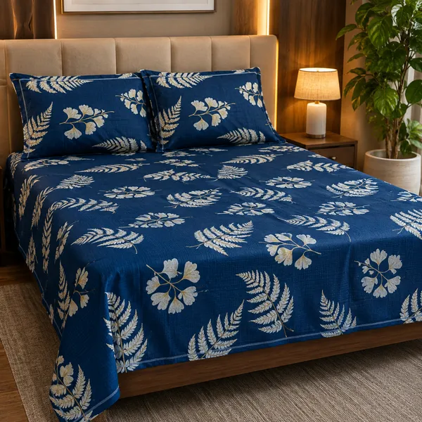 Blue_Glace_Cotton_Botanical_Fern_Print_Bedsheet_With_Pillow_Cover_For_Bedroom